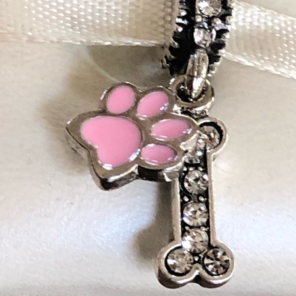 Dog paw charm with bone silver& pink Dangles - Picture 3 of 3
